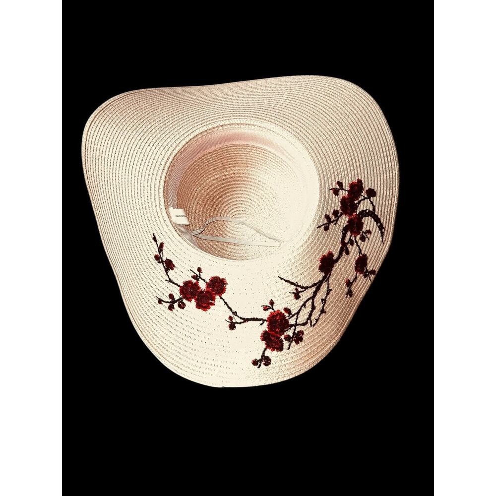 Wide Brim Pink Straw Sun Hat With Red & Black Delicate Floral Embroidery Design - Picture 2 of 8